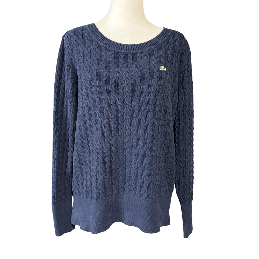 Lacoste Sweater Womens Size 44 Navy‎ Blue Cable Knit Crewneck Crocodile Cotton